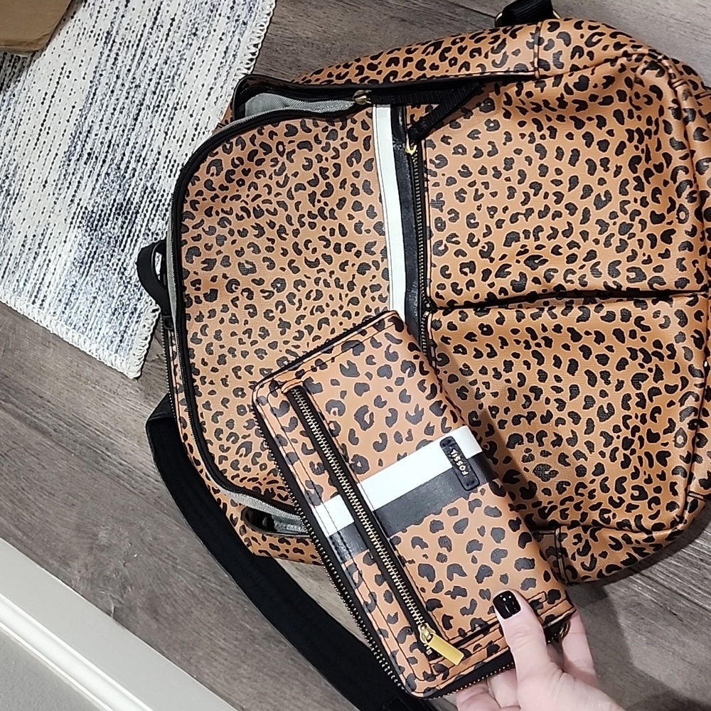 Fossil Leopard Backpack and Clutch